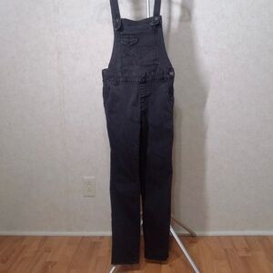 EUC Free People Black Denim Ziggy Multi Pocket Overalls Zip Distressed Fade Sz26